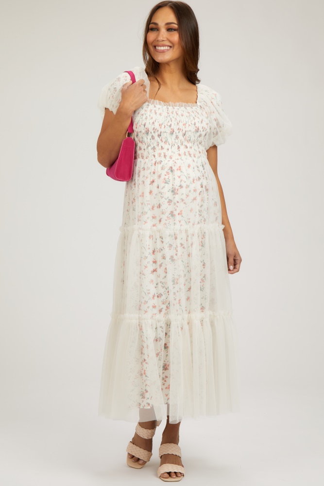 cream floral lined smocked tulle maternity midi dress