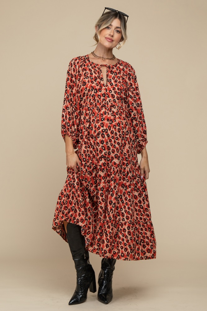 rust printed long sleeve tiered maternity dress