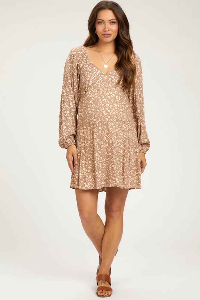 mocha floral v-neck long sleeve maternity dress