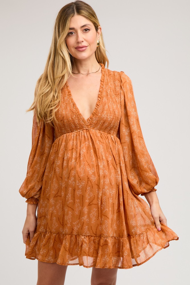 orange floral smocked long sleeve maternity dress