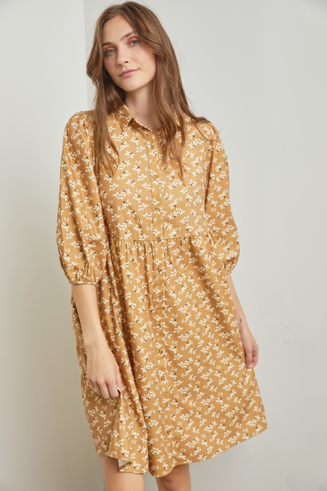 camel floral button front 3/4 sleeve dress