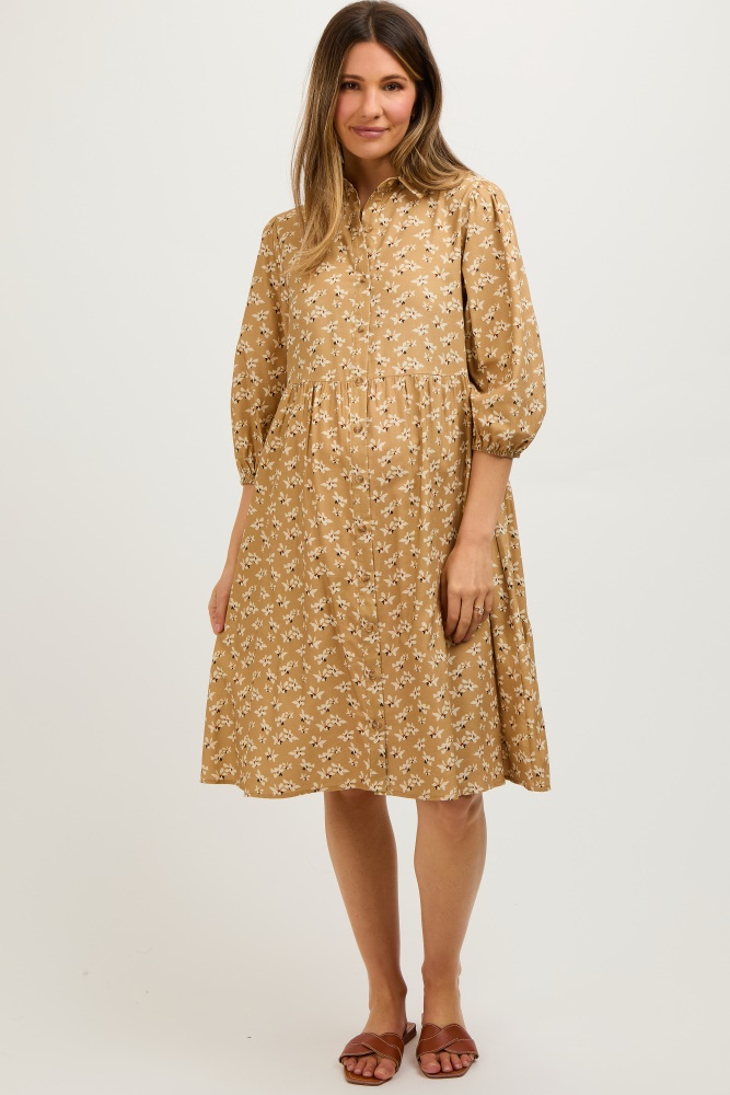 camel floral button front 3/4 sleeve maternity dress