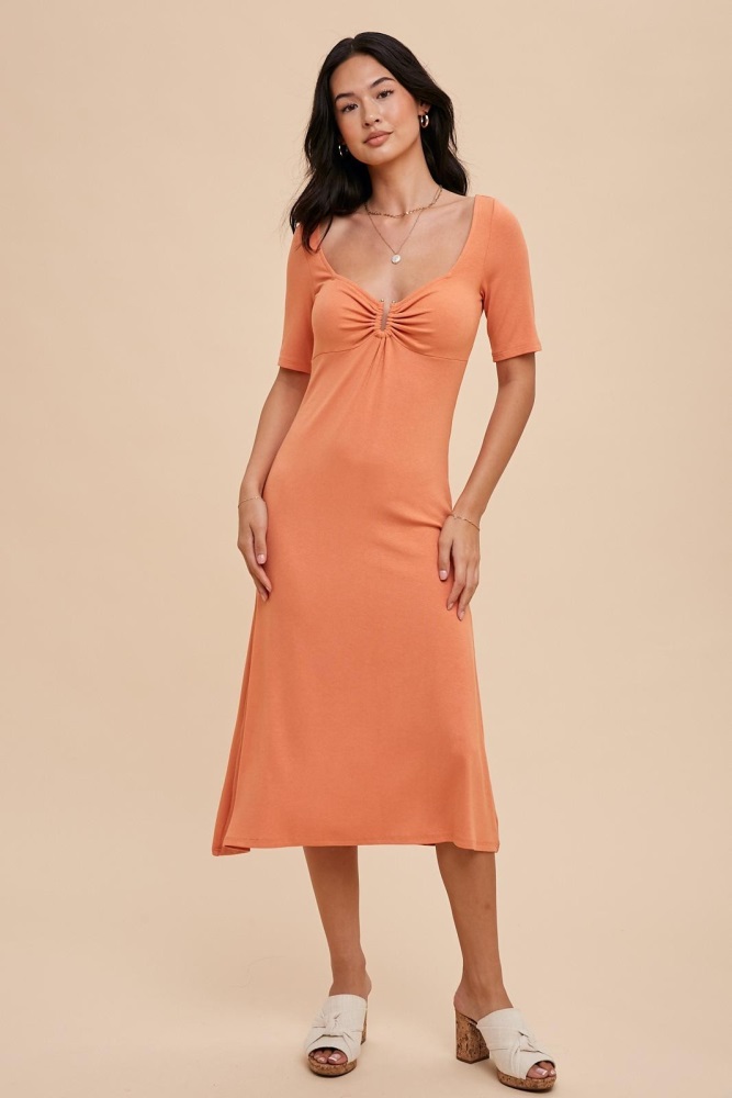 peach u notched midi dress