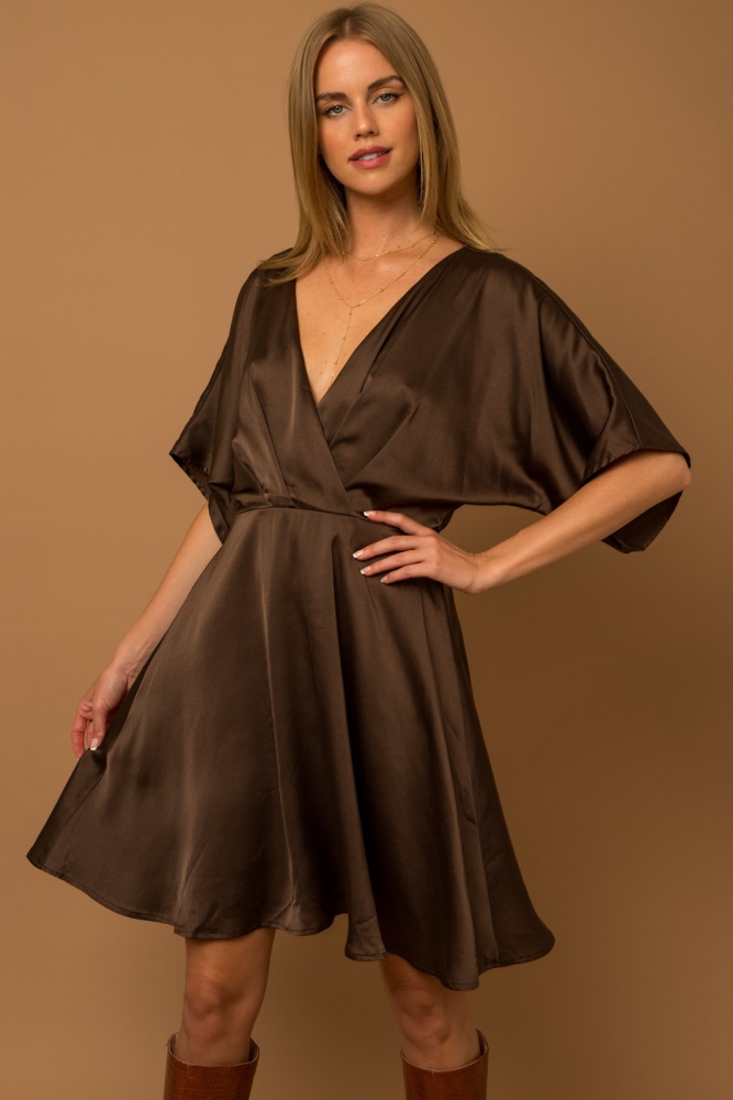 brown flowy sleeve surplice back tie pleated dress