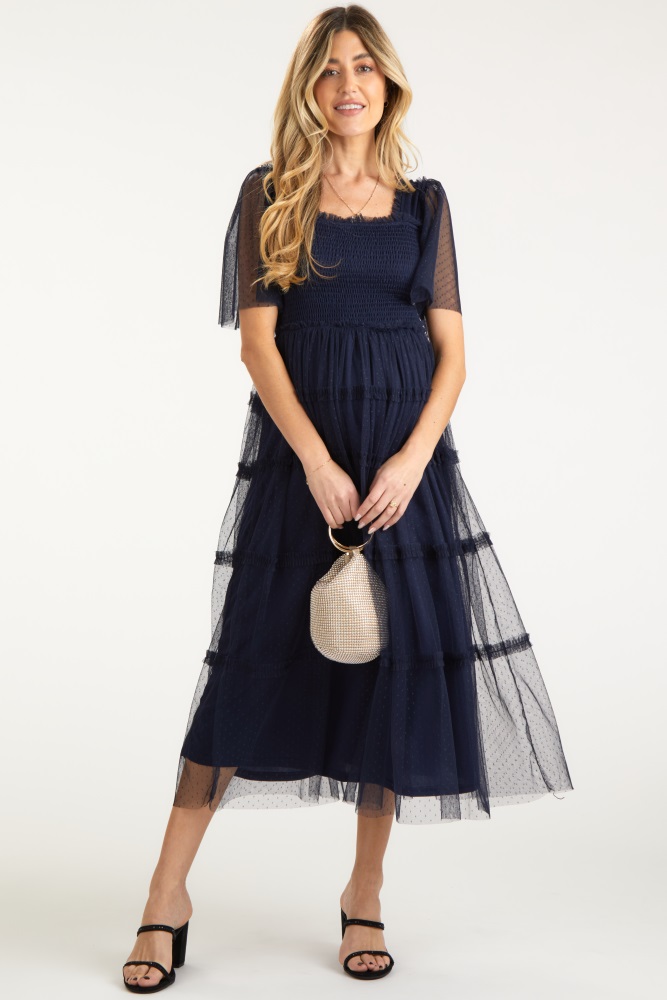 navy ruffled mesh maternity maxi dress