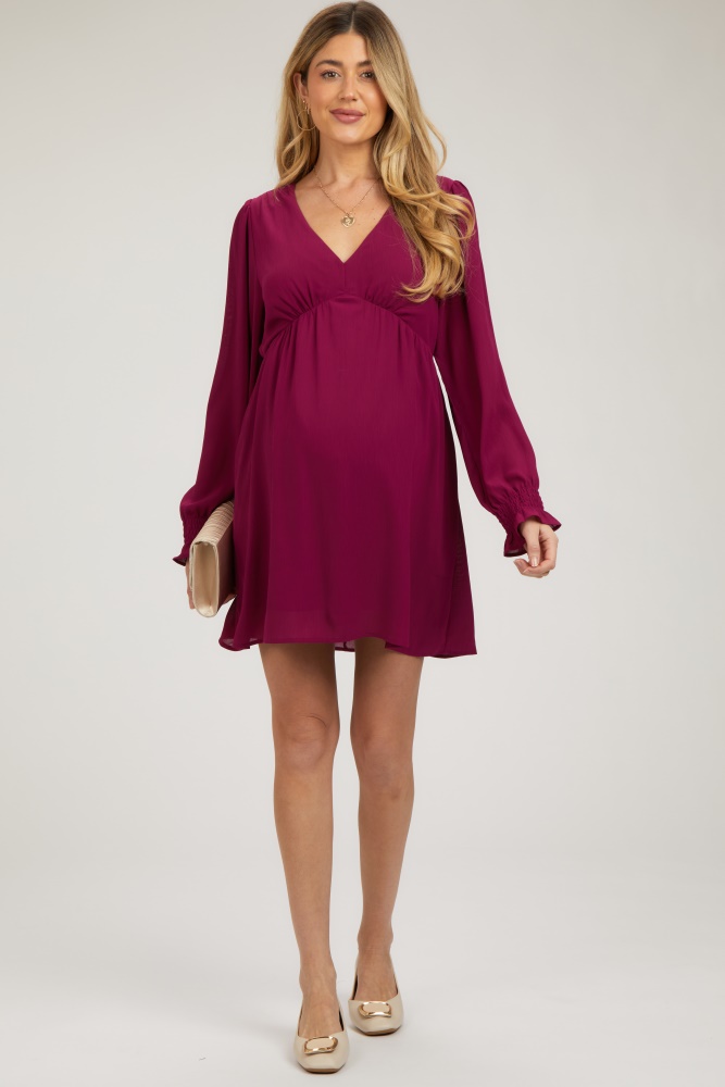 magenta v-neck long sleeve maternity dress