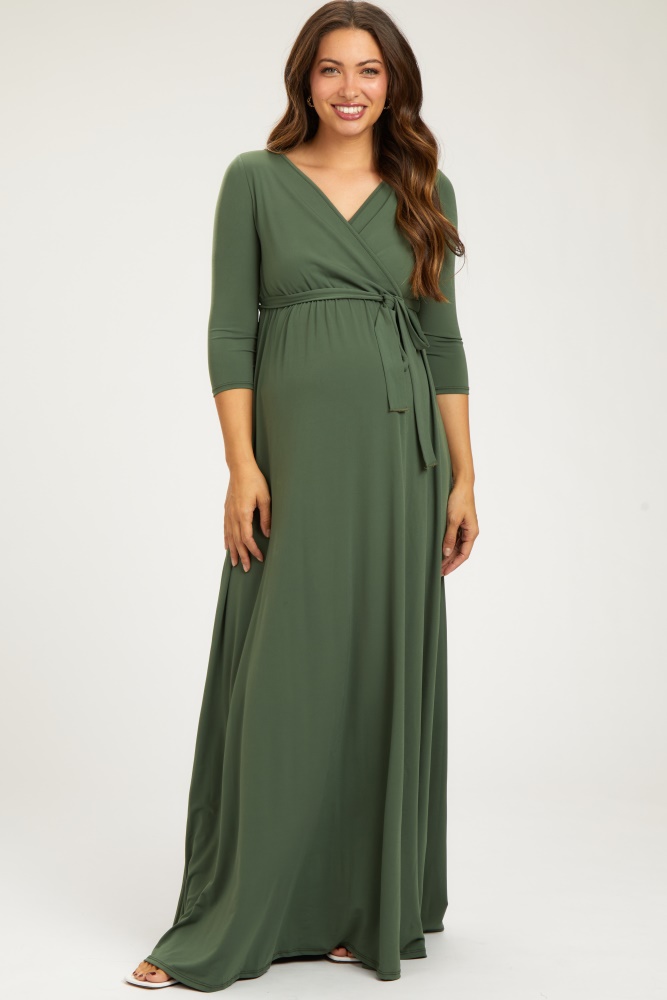 pinkblush light olive draped 3/4 sleeve maternity maxi dress