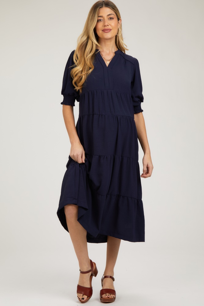 navy short sleeve tiered maternity midi dress