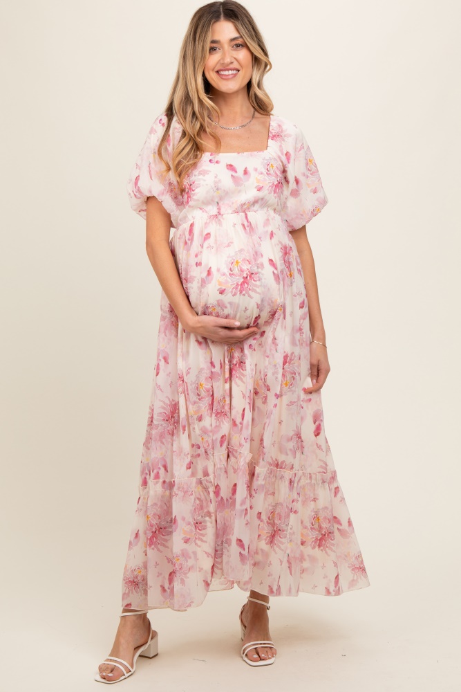 red puff sleeve square neck maternity dress