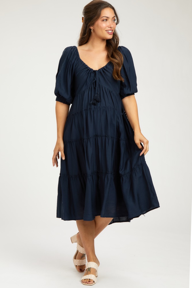 navy tiered maternity midi dress