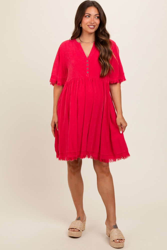 red button front frayed maternity dress