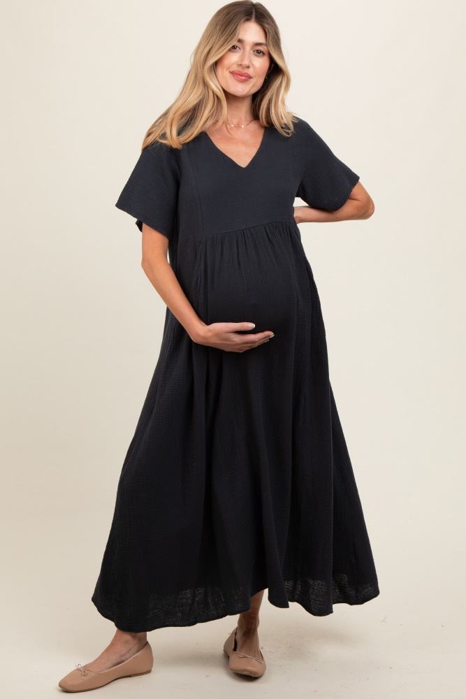 charcoal gauze short sleeve maternity midi dress