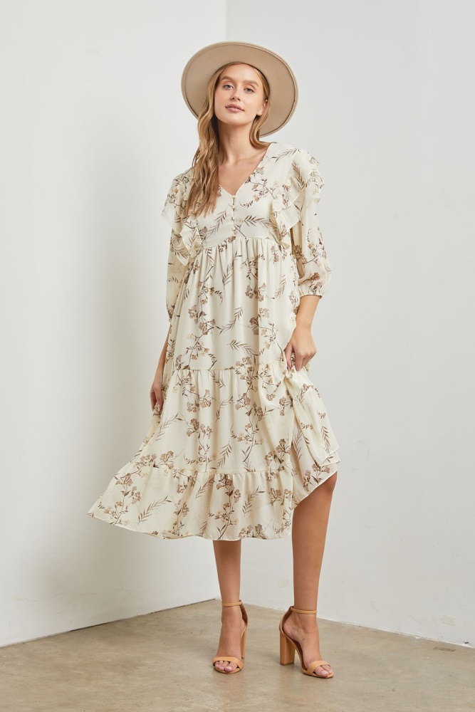 ivory ruffled long sleeve midi dress