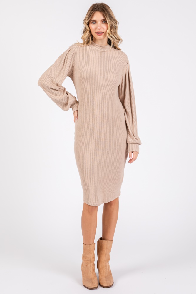 beige ribbed long sleeve mock neck dress