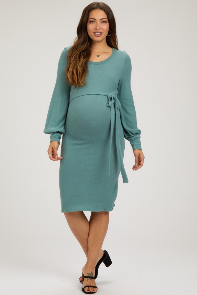 green soft brushed waist tie bubble sleeve maternity dress