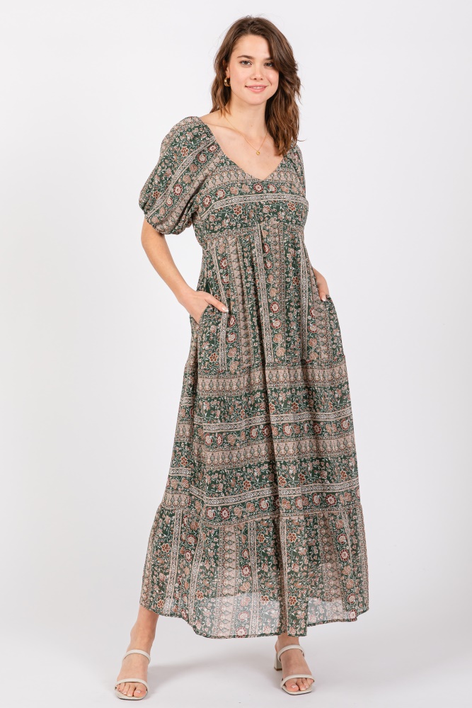 forest green v-neck 3/4 sleeve maxi dress