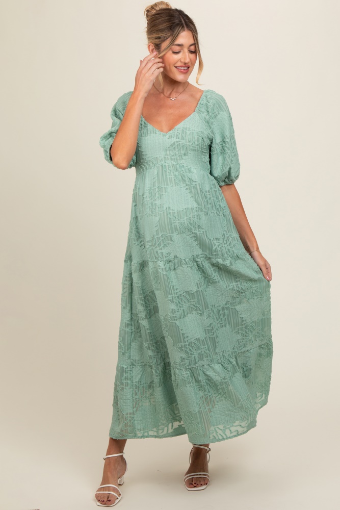 light olive embroidered leaf print striped maternity maxi dress