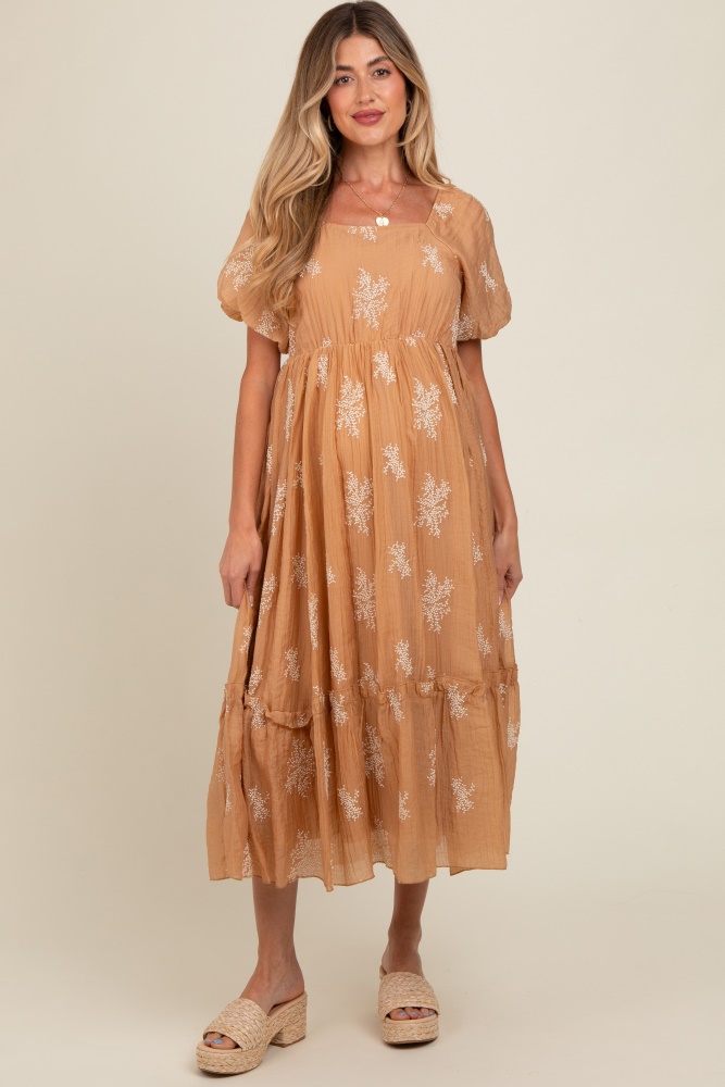 camel floral print ruffle hem maternity maxi dress