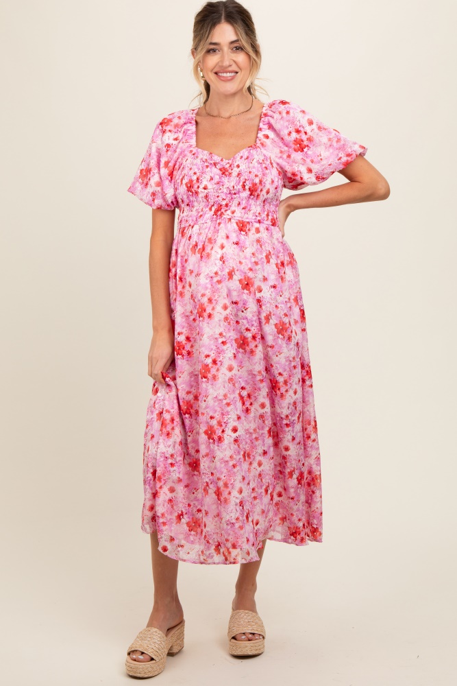 pink floral smocked sweetheart neck short puff sleeve maternity midi dress