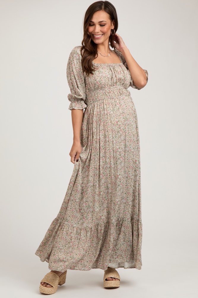 beige floral criss cross back maternity maxi dress