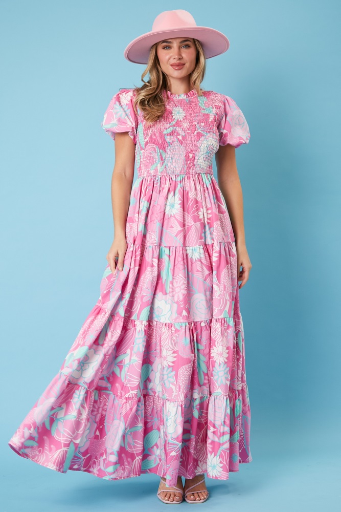 pink floral smocked short puff sleeve tiered maxi dress