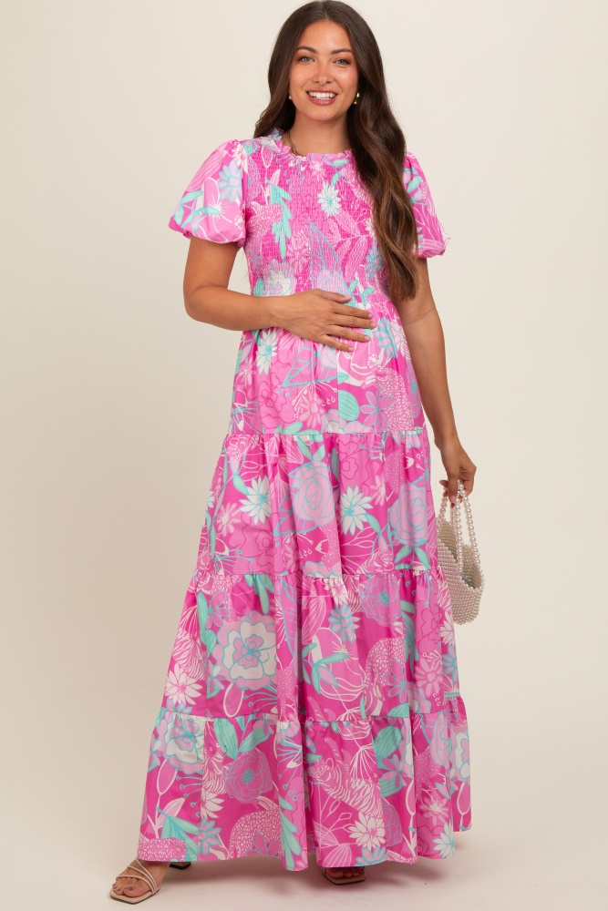 pink floral smocked short puff sleeve tiered maternity maxi dress