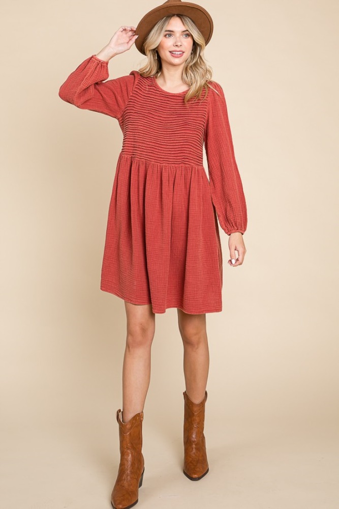 rust front pintuck cotton midi dress