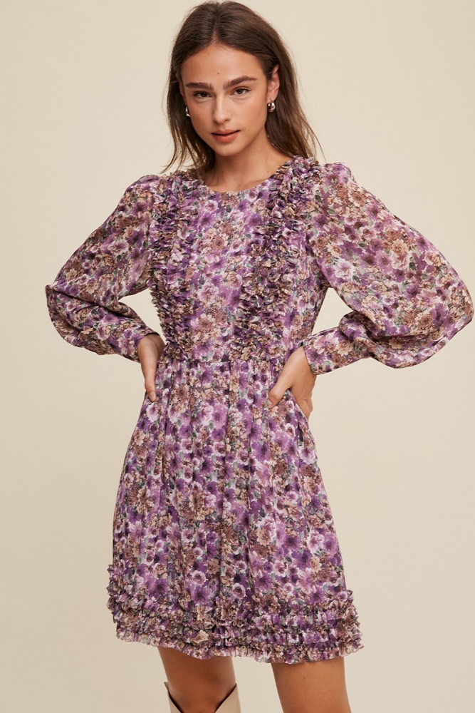 violet floral print ruffle detailed long sleeve dress