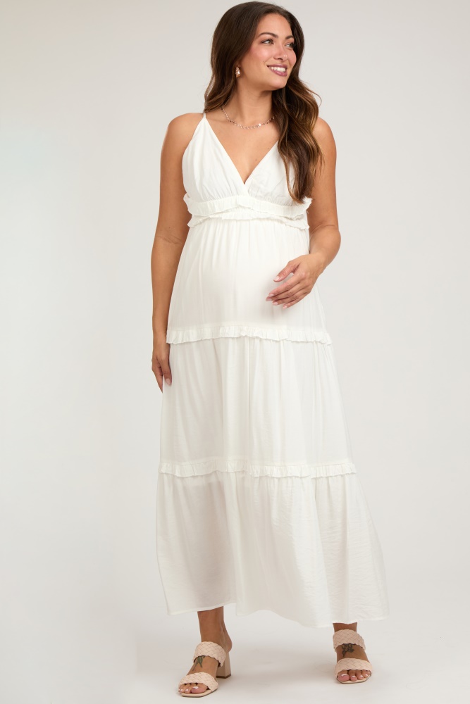 cream striped ruffle tiered maternity maxi dress