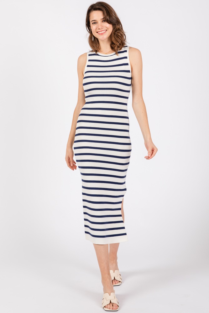 white navy striped knit sleeveless side slit midi dress