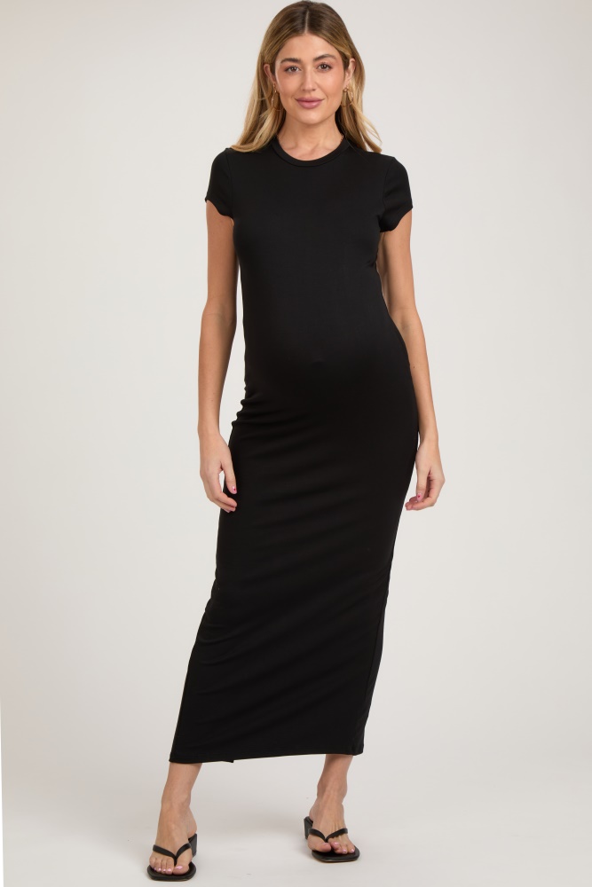 black fitted short sleeve maternity maxi dress