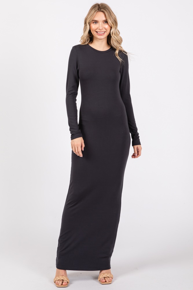 charcoal long sleeve fitted maxi dress