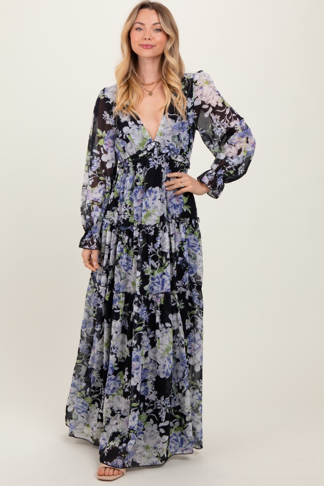 black floral chiffon deep v ruffle tiered maxi dress