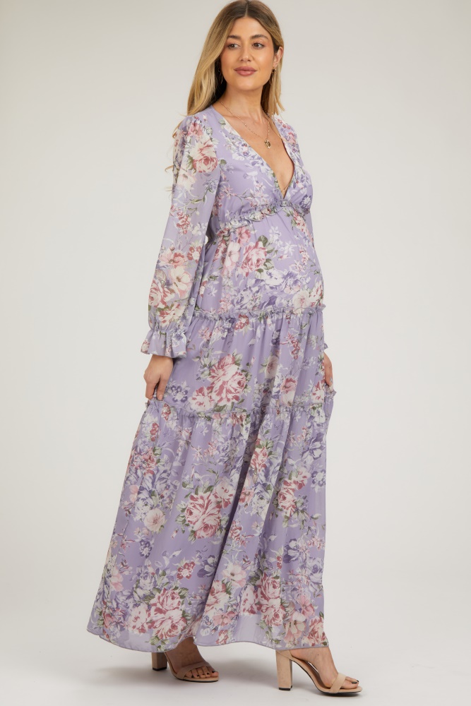 lavender floral chiffon deep v ruffle tiered maternity maxi dress