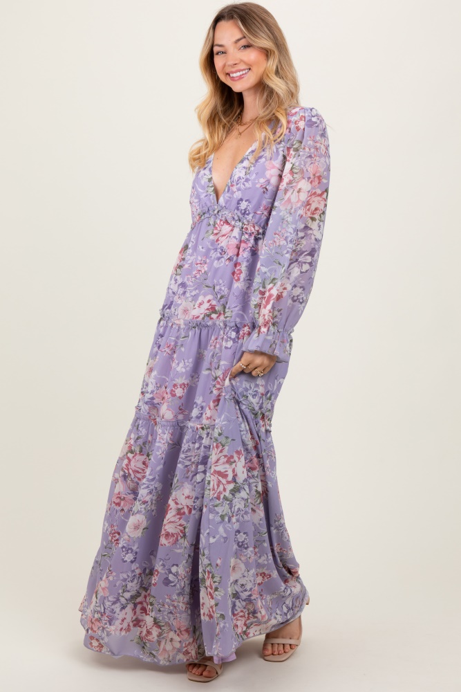 lavender floral chiffon deep v ruffle tiered maxi dress