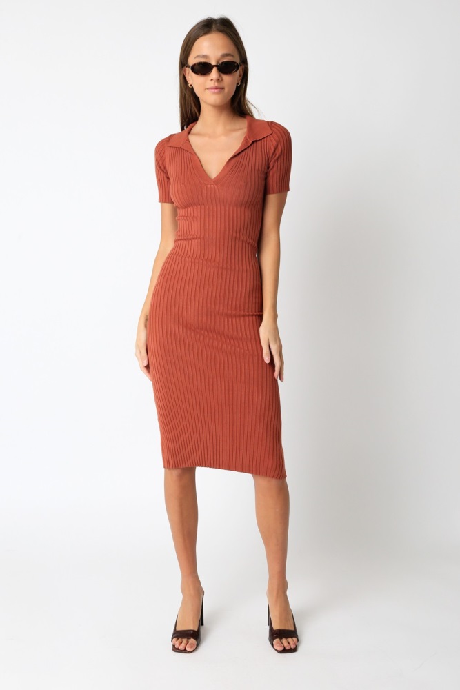 rust ribbed collared v-neck midi dress