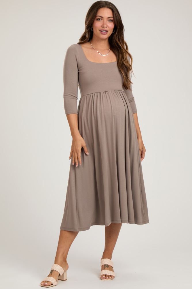 mocha square neck 3/4 sleeve maternity midi dress