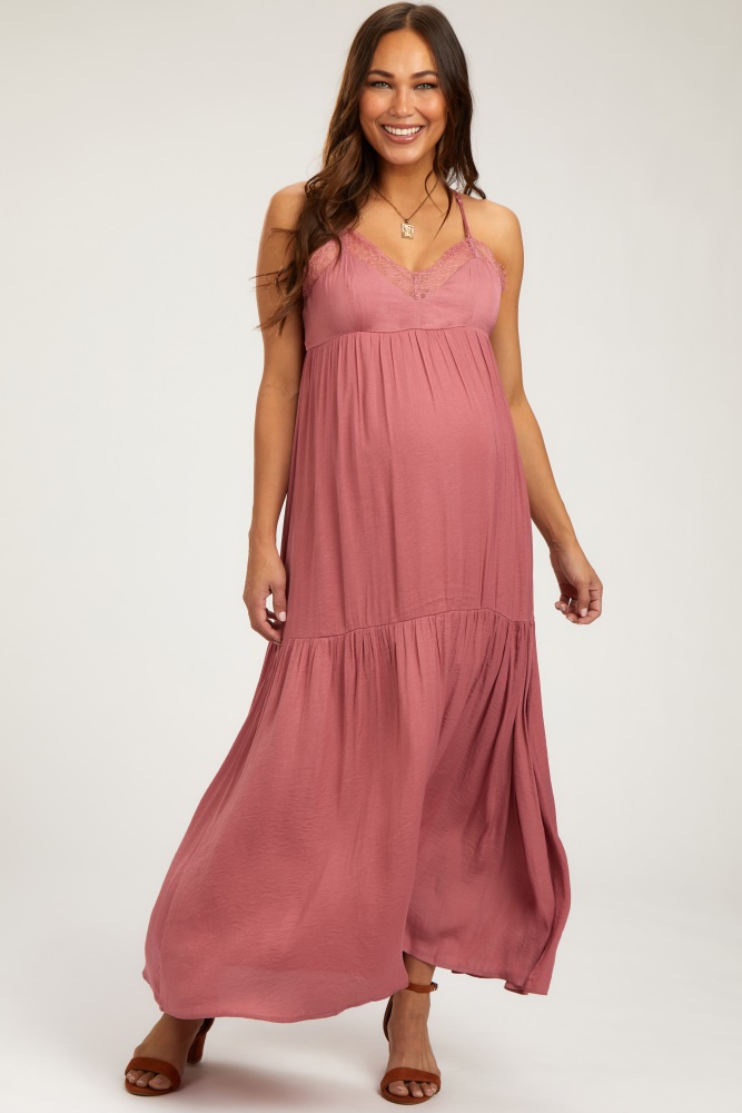 mauve sleeveless lace tiered maternity maxi dress