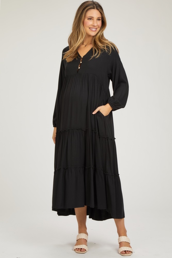 black button front v-neck ruffle tiered maternity midi dress