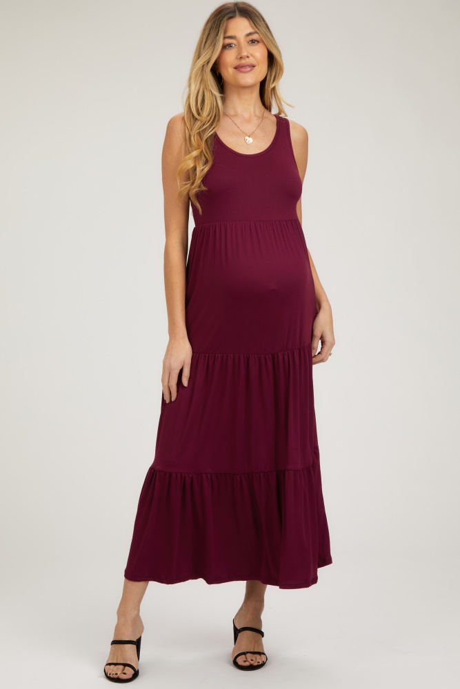 burgundy sleeveless scoop back tiered maternity maxi dress