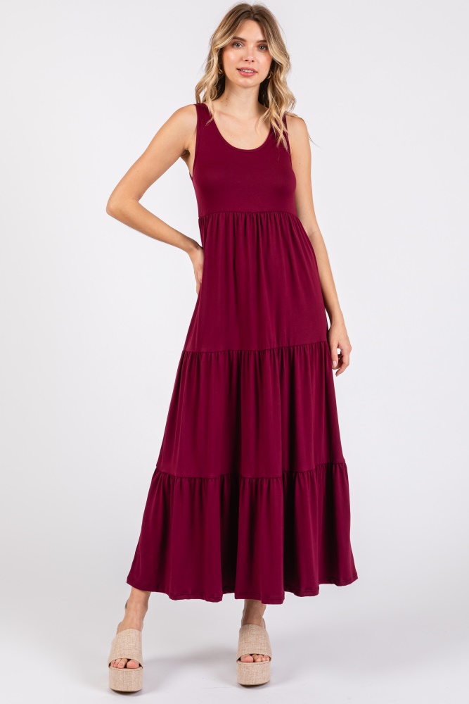 burgundy sleeveless scoop back tiered maxi dress