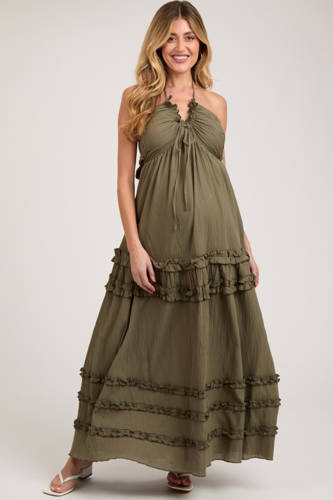 olive ruffle ruched deep v-neck maternity maxi dress