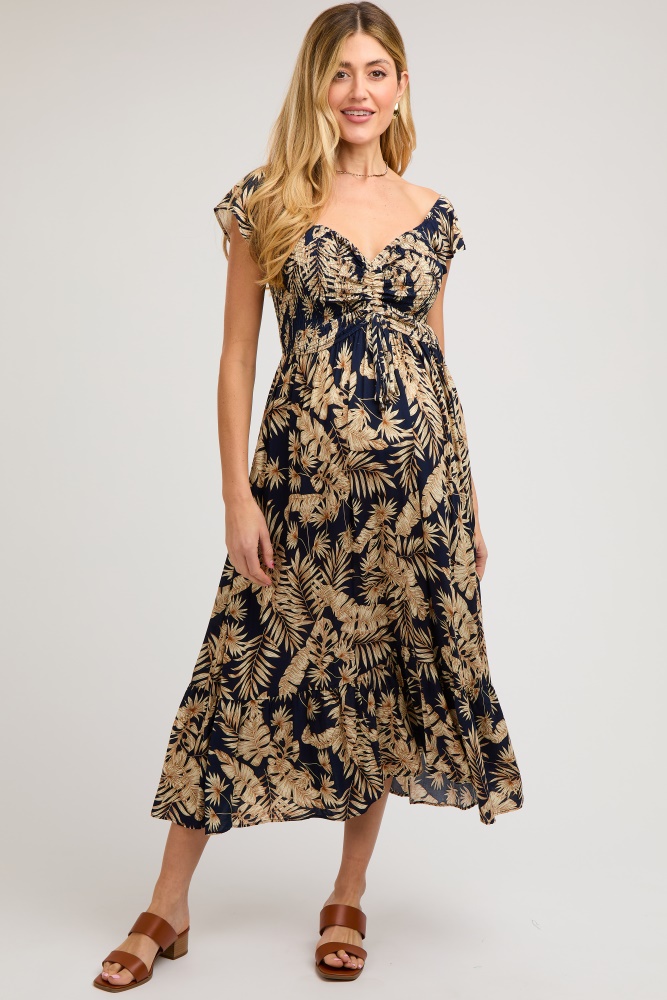 navy tropical print smocked short sleeve maternity maxi dress