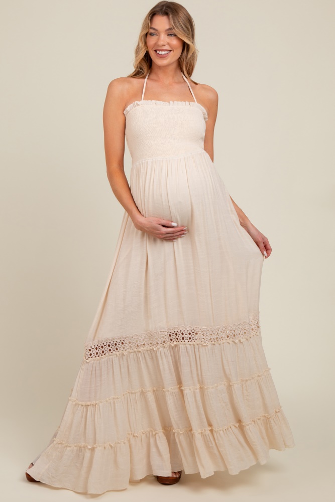 cream smocked open back maternity maxi dress