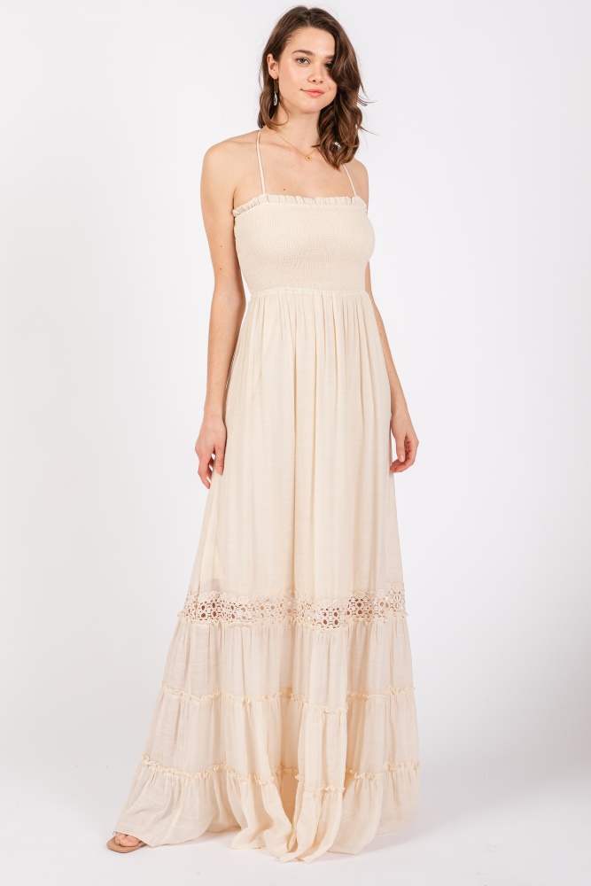 cream smocked open back maxi dress