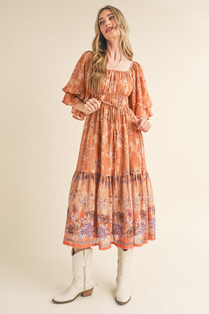 rust floral puff sleeve tiered midi dress