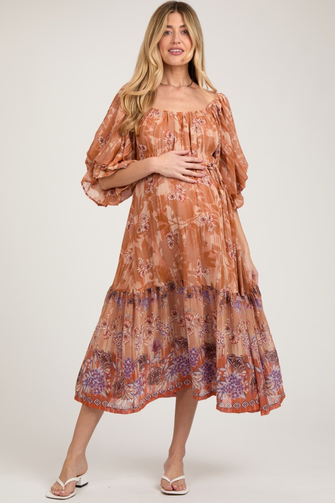 rust floral puff sleeve tiered maternity midi dress