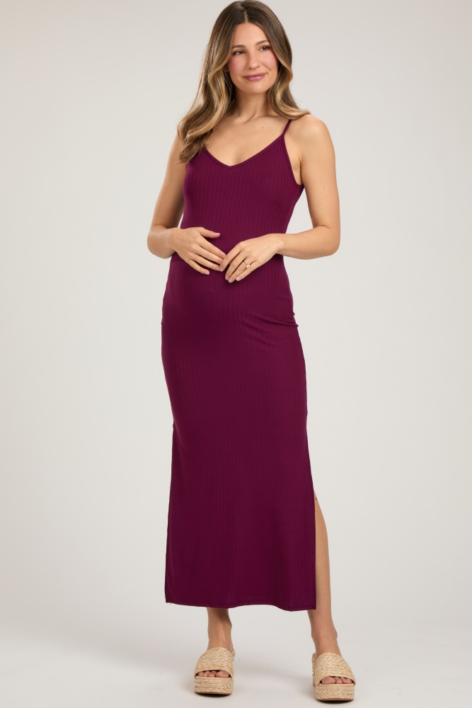 burgundy ribbed side slit maternity maxi dress