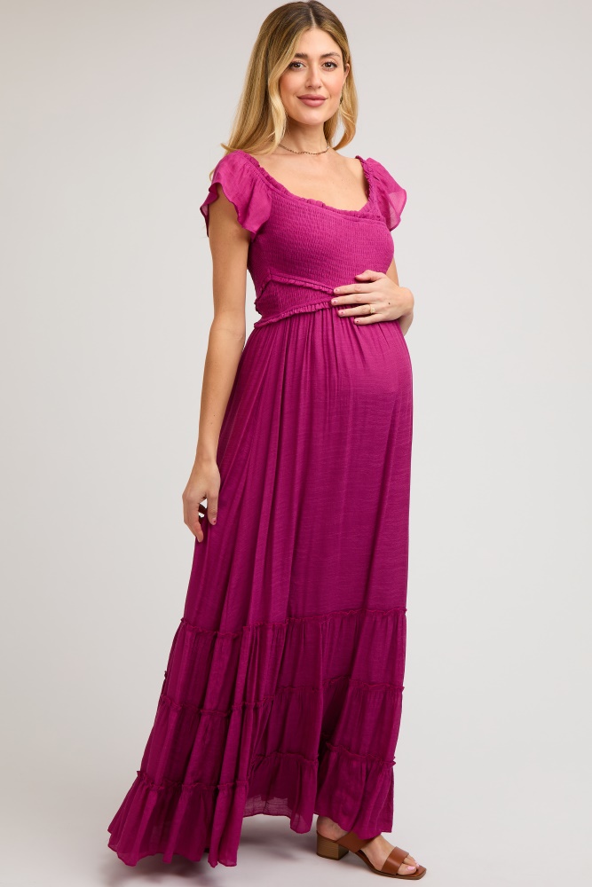 violet smocked crossover off shoulder maternity maxi dress