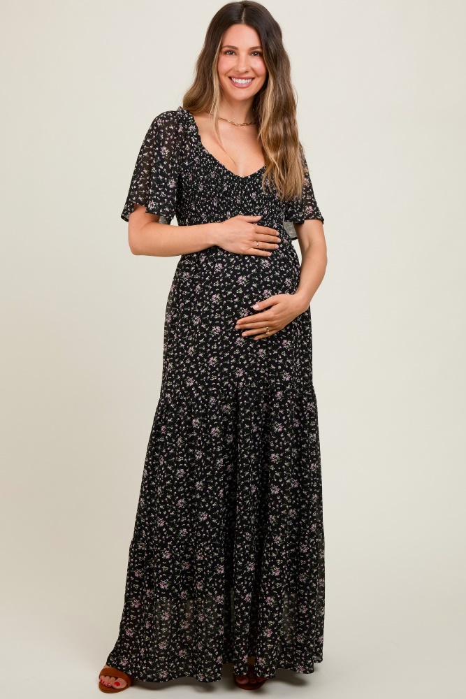 black floral chiffon smocked maternity maxi dress